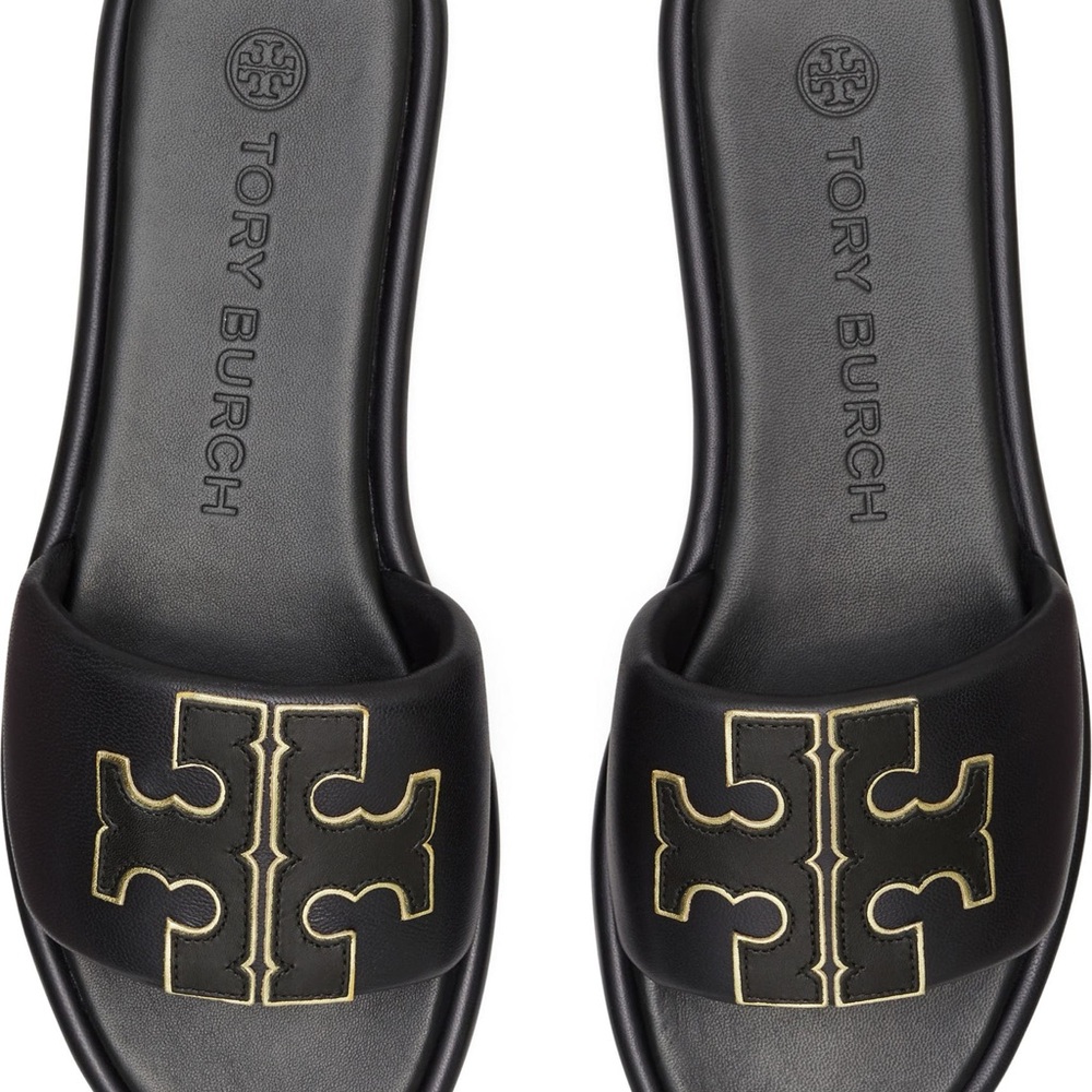 Tory Burch Black Sandals with Iconic Gold Logo